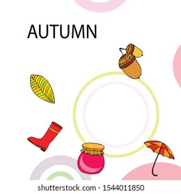 Card doodle style autumn, jam autumn leaves umbrella acorns, elements and symbols in color