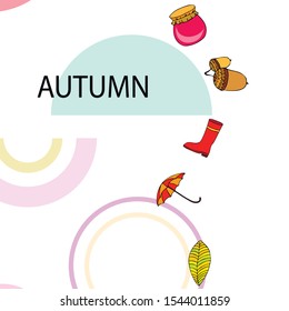 Card doodle style autumn, jam autumn leaves umbrella acorns, elements and symbols in color