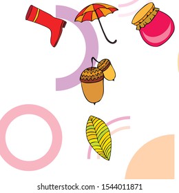 Card doodle style autumn, jam autumn leaves umbrella acorns, elements and symbols in color