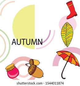 Card doodle style autumn, jam autumn leaves umbrella acorns, elements and symbols in color