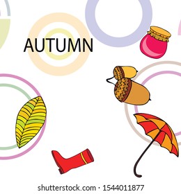 Card doodle style autumn, jam autumn leaves umbrella acorns, elements and symbols in color