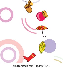 Card doodle style autumn, jam autumn leaves umbrella acorns, elements and symbols in color