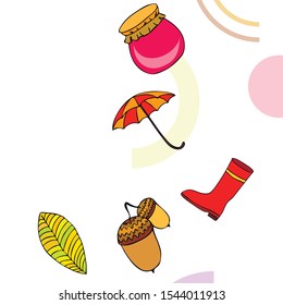 Card doodle style autumn, jam autumn leaves umbrella acorns, elements and symbols in color