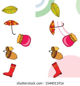 Card doodle style autumn, jam autumn leaves umbrella acorns, elements and symbols in color