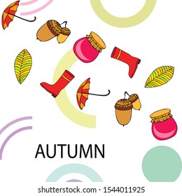 Card doodle style autumn, jam autumn leaves umbrella acorns, elements and symbols in color
