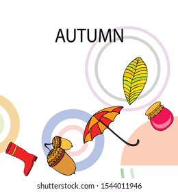 Card doodle style autumn, jam autumn leaves umbrella acorns, elements and symbols in color