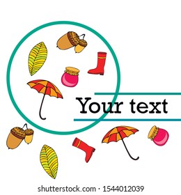 Card doodle style autumn, jam autumn leaves umbrella acorns, elements and symbols in color