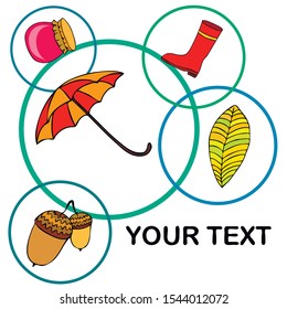 Card doodle style autumn, jam autumn leaves umbrella acorns, elements and symbols in color