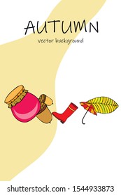 Card doodle style autumn, jam autumn leaves umbrella acorns, elements and symbols in color