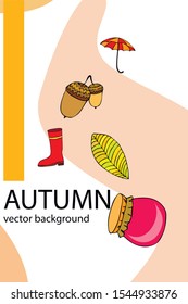 Card doodle style autumn, jam autumn leaves umbrella acorns, elements and symbols in color