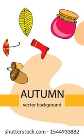 Card doodle style autumn, jam autumn leaves umbrella acorns, elements and symbols in color