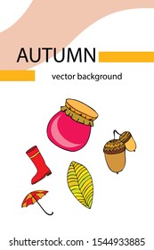 Card doodle style autumn, jam autumn leaves umbrella acorns, elements and symbols in color