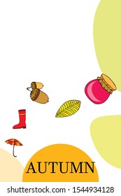 Card doodle style autumn, jam autumn leaves umbrella acorns, elements and symbols in color