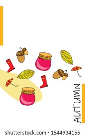 Card doodle style autumn, jam autumn leaves umbrella acorns, elements and symbols in color