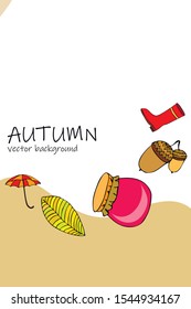Card doodle style autumn, jam autumn leaves umbrella acorns, elements and symbols in color
