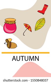 Card doodle style autumn, jam autumn leaves umbrella acorns, elements and symbols in color