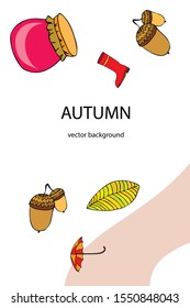 Card doodle style autumn, jam autumn leaves umbrella acorns, elements and symbols in color