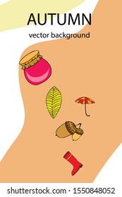 Card doodle style autumn, jam autumn leaves umbrella acorns, elements and symbols in color