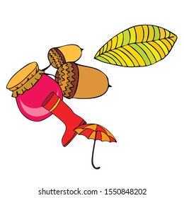 Card doodle style autumn, jam autumn leaves umbrella acorns, elements and symbols in color
