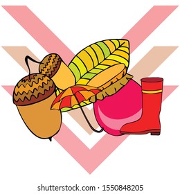 Card doodle style autumn, jam autumn leaves umbrella acorns, elements and symbols in color
