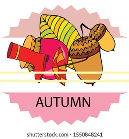 Card doodle style autumn, jam autumn leaves umbrella acorns, elements and symbols in color