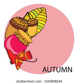 Card doodle style autumn, jam autumn leaves umbrella acorns, elements and symbols in color