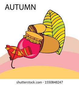 Card doodle style autumn, jam autumn leaves umbrella acorns, elements and symbols in color