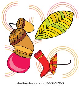 Card doodle style autumn, jam autumn leaves umbrella acorns, elements and symbols in color