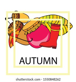 Card doodle style autumn, jam autumn leaves umbrella acorns, elements and symbols in color