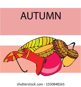 Card doodle style autumn, jam autumn leaves umbrella acorns, elements and symbols in color