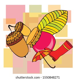 Card doodle style autumn, jam autumn leaves umbrella acorns, elements and symbols in color