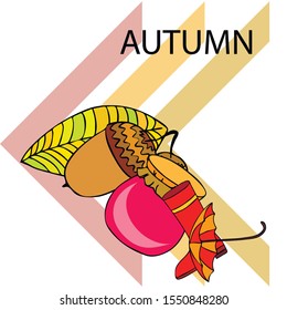 Card doodle style autumn, jam autumn leaves umbrella acorns, elements and symbols in color