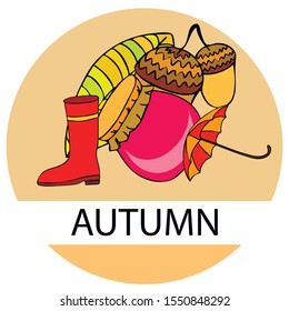 Card doodle style autumn, jam autumn leaves umbrella acorns, elements and symbols in color