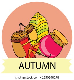 Card doodle style autumn, jam autumn leaves umbrella acorns, elements and symbols in color