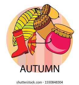 Card doodle style autumn, jam autumn leaves umbrella acorns, elements and symbols in color