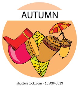 Card doodle style autumn, jam autumn leaves umbrella acorns, elements and symbols in color