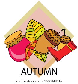 Card doodle style autumn, jam autumn leaves umbrella acorns, elements and symbols in color