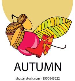 Card doodle style autumn, jam autumn leaves umbrella acorns, elements and symbols in color