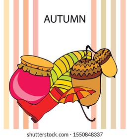 Card doodle style autumn, jam autumn leaves umbrella acorns, elements and symbols in color