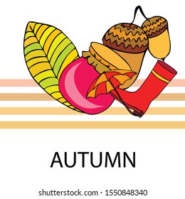 Card doodle style autumn, jam autumn leaves umbrella acorns, elements and symbols in color