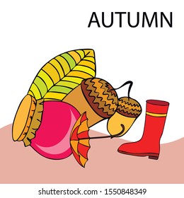 Card doodle style autumn, jam autumn leaves umbrella acorns, elements and symbols in color