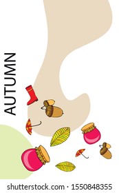 Card doodle style autumn, jam autumn leaves umbrella acorns, elements and symbols in color