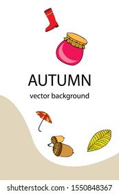 Card doodle style autumn, jam autumn leaves umbrella acorns, elements and symbols in color