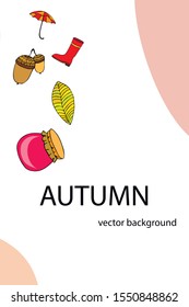 Card doodle style autumn, jam autumn leaves umbrella acorns, elements and symbols in color
