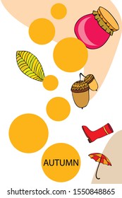 Card doodle style autumn, jam autumn leaves umbrella acorns, elements and symbols in color