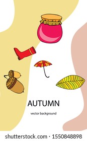 Card doodle style autumn, jam autumn leaves umbrella acorns, elements and symbols in color