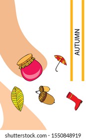 Card doodle style autumn, jam autumn leaves umbrella acorns, elements and symbols in color