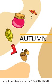 Card doodle style autumn, jam autumn leaves umbrella acorns, elements and symbols in color