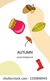 Card doodle style autumn, jam autumn leaves umbrella acorns, elements and symbols in color