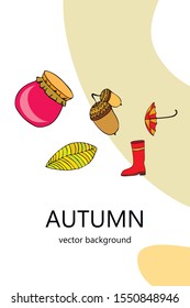 Card doodle style autumn, jam autumn leaves umbrella acorns, elements and symbols in color